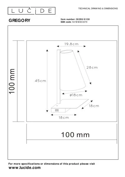 Lucide GREGORY - Bedside lamp / Wall light - 1xE27 - With USB charging point - Black - technical